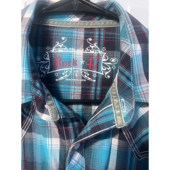 Rock 47 by Wrangler Mens Plaid Western Shirt Long Sleeve Small Blue - Picture 7 of 7